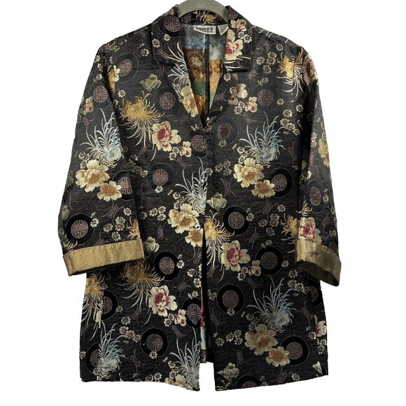 Chicos Design Silk Blend Jacket Small Asian Inspired Colorful Floral 3/4 Sleeve - Picture 1 of 9